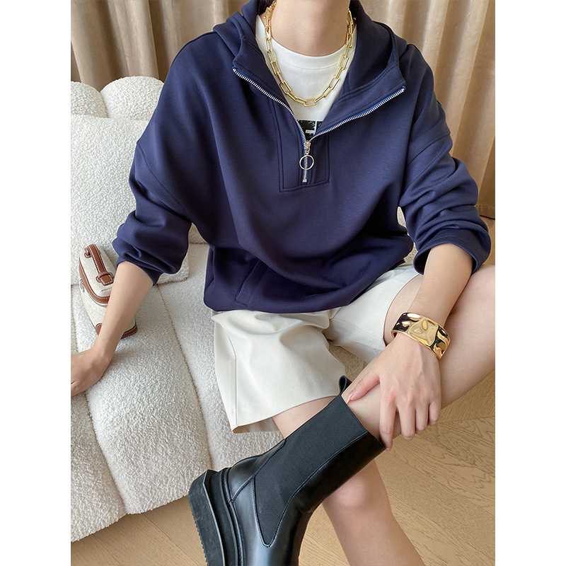 司南 设计感半拉链门襟 松弛慵懒风美式宽松连帽卫衣外套 SN4344