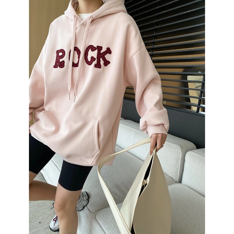 司南 美式休闲街区 慵懒风廓形贴布刺绣字母加绒连帽卫衣 SN6839