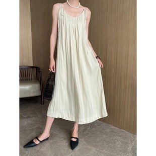 肌理垂顺海岛丝面料抽绳挂脖连衣裙长款 度假风 SN5937 法式 司南