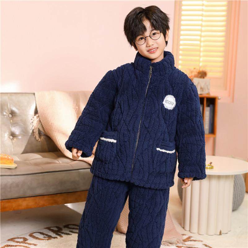 冬季儿童睡衣男童加绒加厚三层夹棉拉链款男孩特厚保暖家居服套装