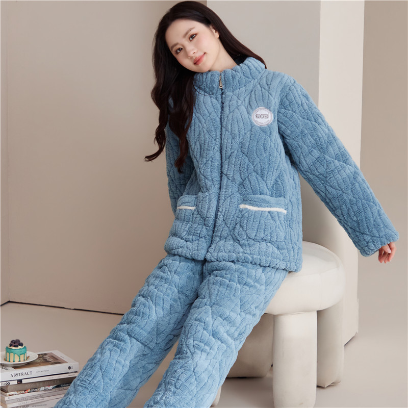 睡衣女冬季加厚加绒三层夹棉珊瑚绒棉袄少女拉链可外穿家居服套装