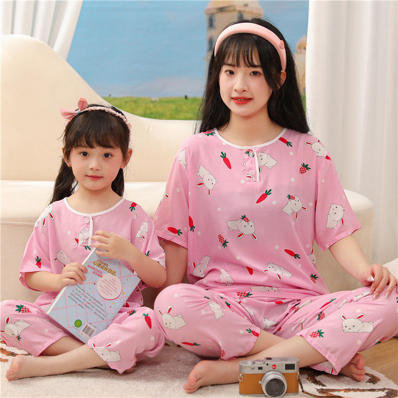 亲子装母女睡衣女春秋款短袖棉绸女童套装可爱卡通2024新款家居服