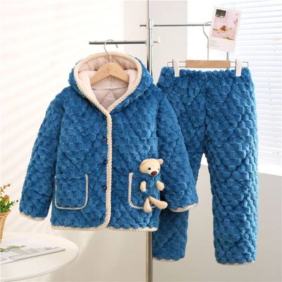 儿童睡衣冬季女童珊瑚绒加厚款三层夹棉袄孩法兰绒保暖家居服套装
