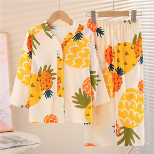 女童棉绸睡衣夏季儿童长袖薄款女孩男童宝宝绵绸空调家居服套装