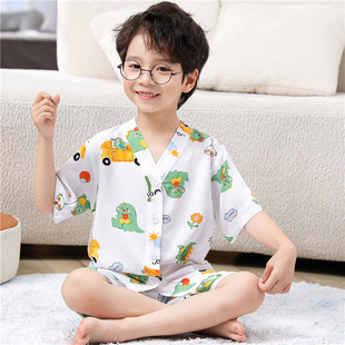 短袖 儿童睡衣套装 短裤 夏季 棉绸空调服男女童宝宝家居空调衣服 薄款