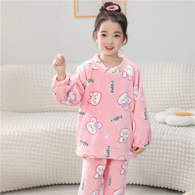 儿童睡衣女童套装秋冬季法兰绒加厚中大童珊瑚绒小孩男童家居服