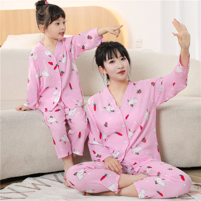 新款亲子睡衣夏季开衫长袖薄款儿童小女孩卡通套装亲子母女家居服