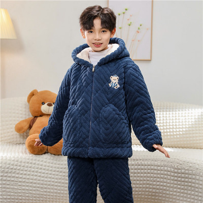 儿童睡衣冬季加绒加厚三层夹棉男童法兰绒女童宝宝男孩女孩家居服