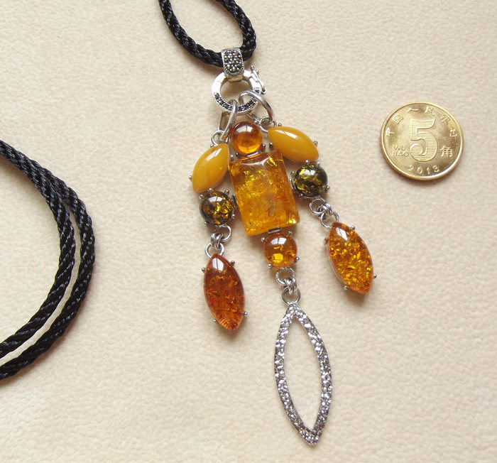 女王 波兰天然琥珀 925银镶金珀+鸡油黄蜜蜡项坠吊坠挂件 花珀