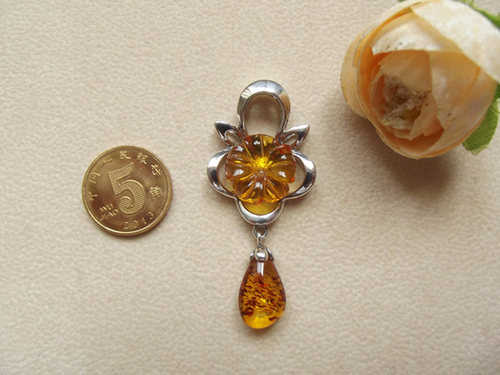 花露 波兰天然琥珀 925银镶红花金珀项坠吊坠挂件 花珀 正品饰品