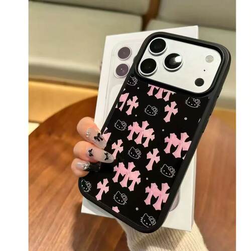 碳纤维黑边玻璃十字架kt猫适用于iPhone18promax苹果18pro/17/iPhone16/华为/荣耀nova/VIVO/iPhone手机壳