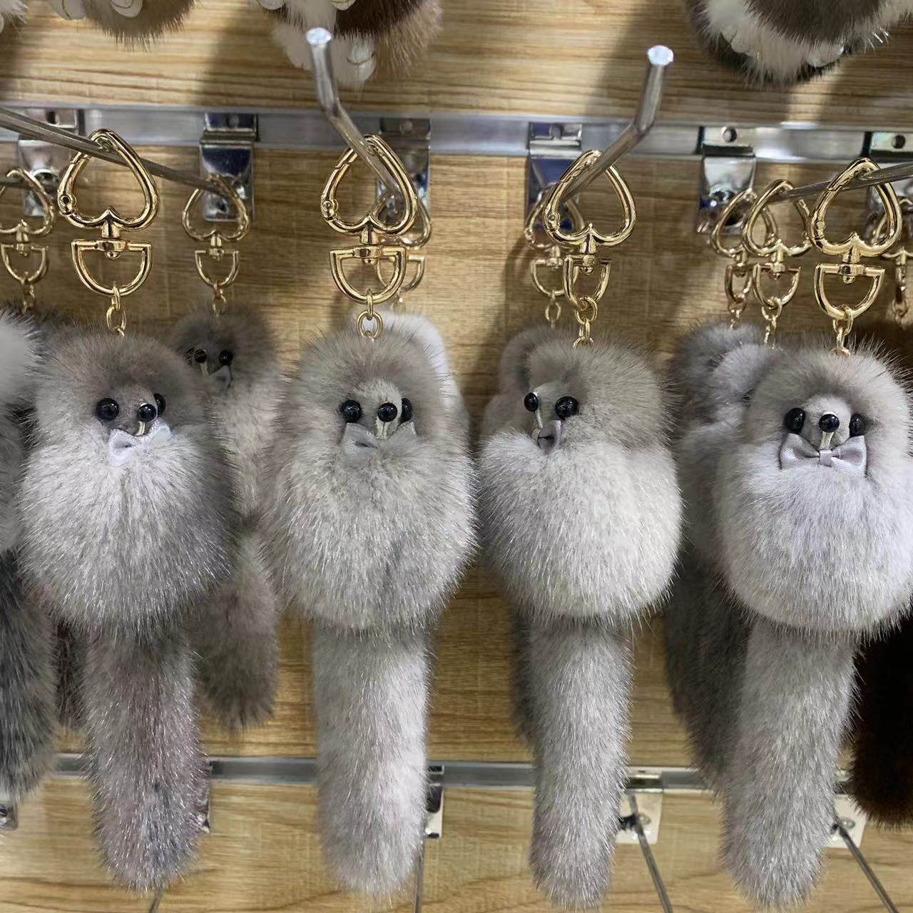 新款进口真水貂毛个性小狐狸汽车钥匙扣挂饰毛绒尾巴包包挂件配饰