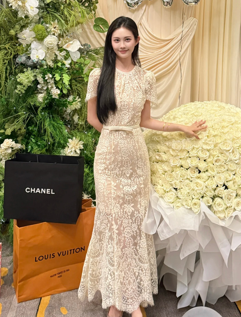 selfSP25春夏象牙白气质短袖订婚蕾丝礼服连衣裙长裙