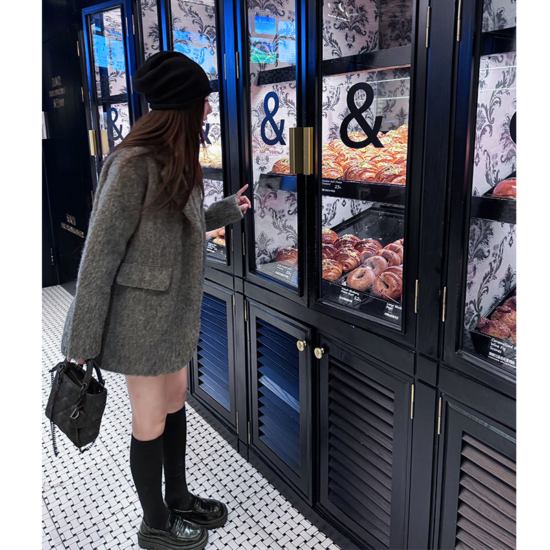 灰色马海毛中长款羊毛呢西装外套