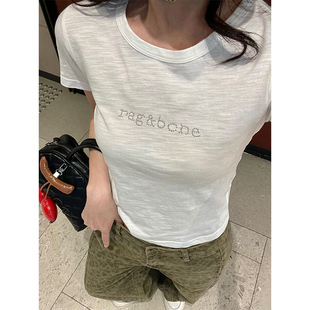 女t恤夏2026新 上衣正肩短袖 亲肤棉竹节感烫钻白色T恤修身 显瘦短款