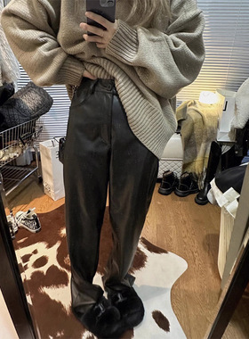 rose同款pu皮裤女秋季高级感阔腿加长裤子高腰宽松直筒拖地裤窄版