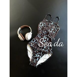 游泳衣 莱卡单层无胸垫中低开叉专业竞速泳衣微胖大码 薄荷黑巧