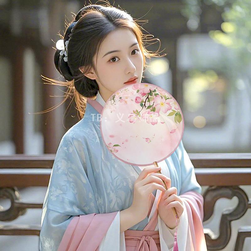 团扇古风扇子儿童半透长柄舞蹈扇女童古装汉服旗袍刺绣小圆扇礼服