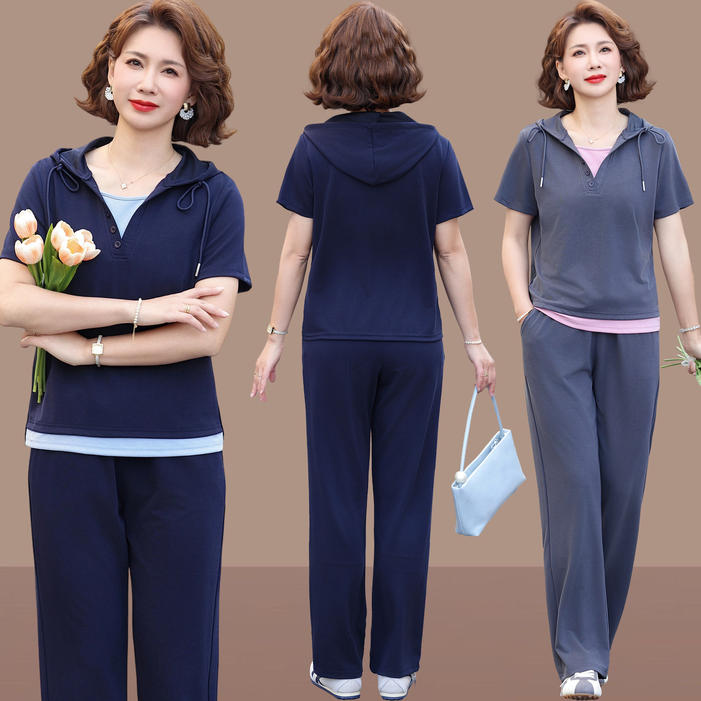 中年运动套装女夏装新款妈妈夏季短袖上衣50岁女士夏天休闲两件套