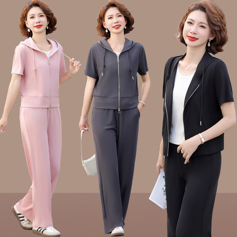 妈妈休闲运动套装夏装洋气新款中年女士两件套连帽短袖夏季上衣女
