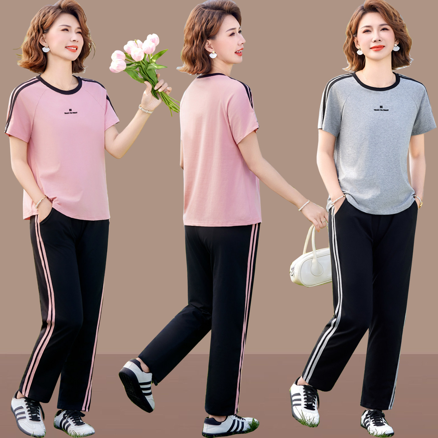 中年女士夏季新款运动套装妈妈夏装短袖T恤休闲两件套夏天上衣女