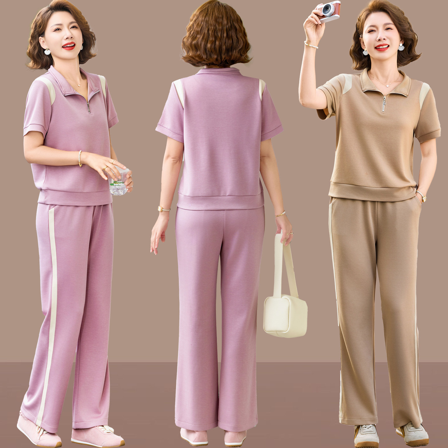 中老年夏装女装运动套装翻领上衣女妈妈夏季短袖两件套休闲运动服