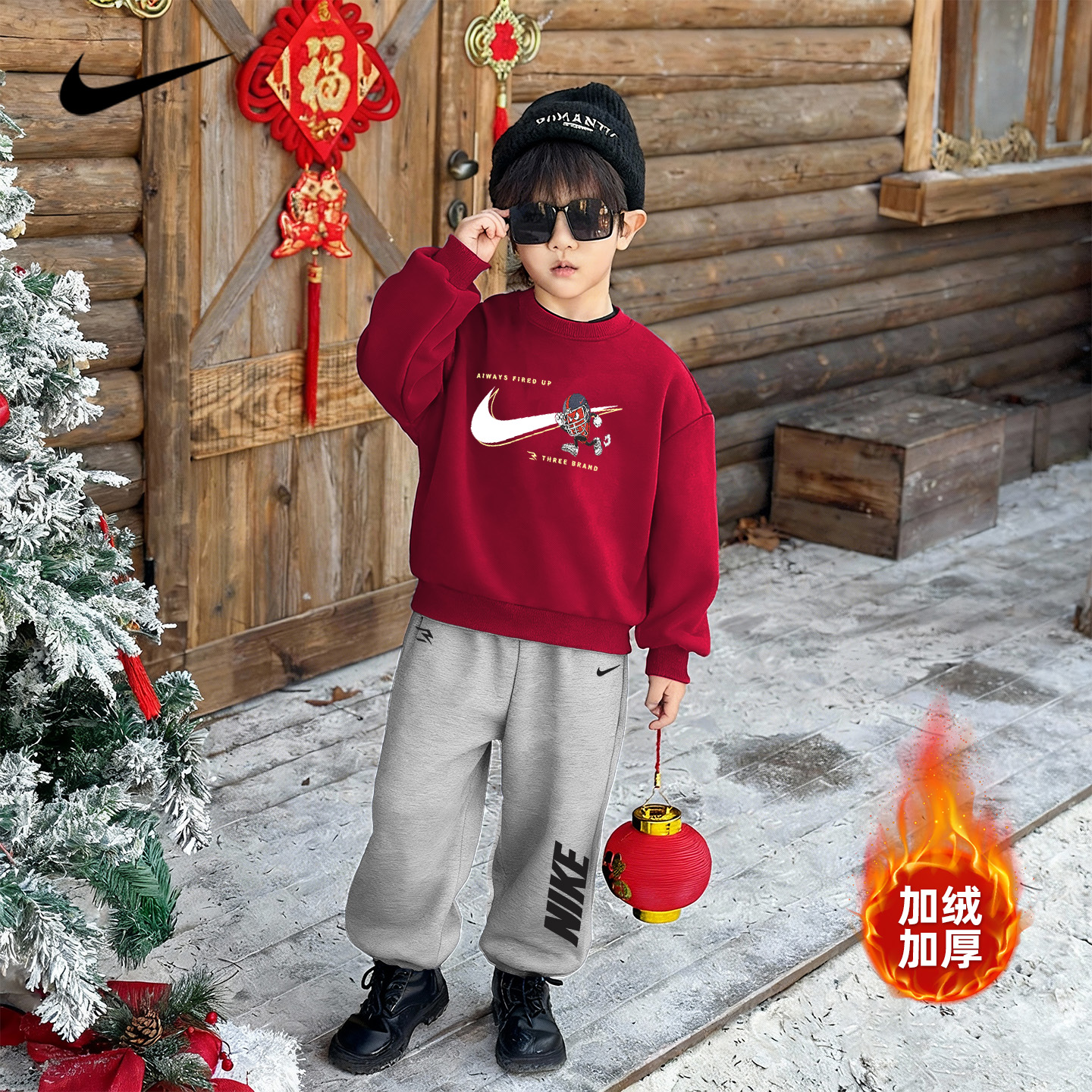 2025新款秋冬NIKE儿童装男童加绒卫衣卫裤洋气新年马年两件套套装