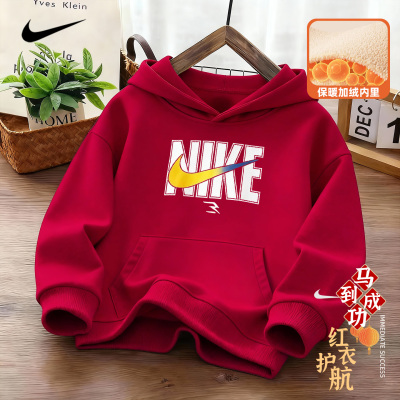 NIKE新年款红色卫衣男秋冬季2025新款男童男款连帽加绒加厚外套潮