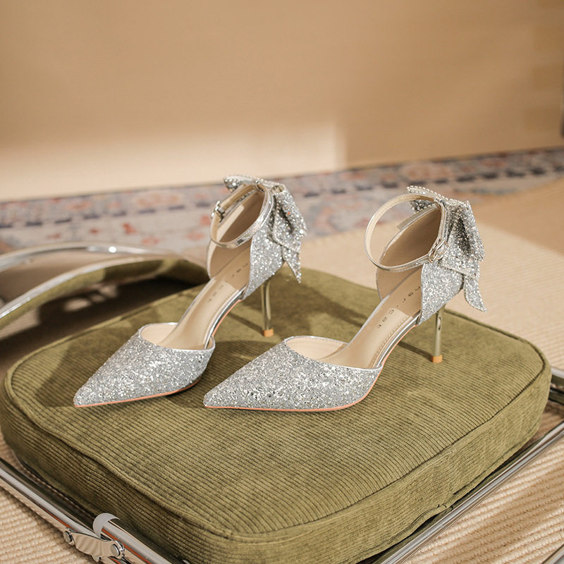 后水钻蝴蝶结高跟鞋女细跟春季新款银色水晶婚鞋尖头送闺蜜成人礼