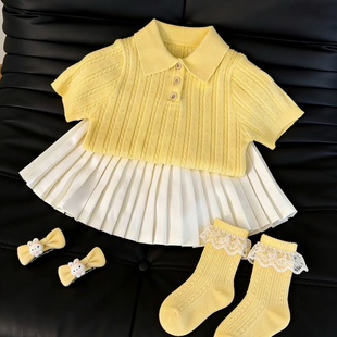 韩版女童短袖2026夏装新款女宝超好看黄色针织上衣米色百褶裙套装