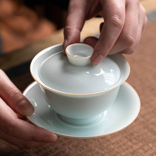 影青甜白瓷三才盖碗茶薄胎单个