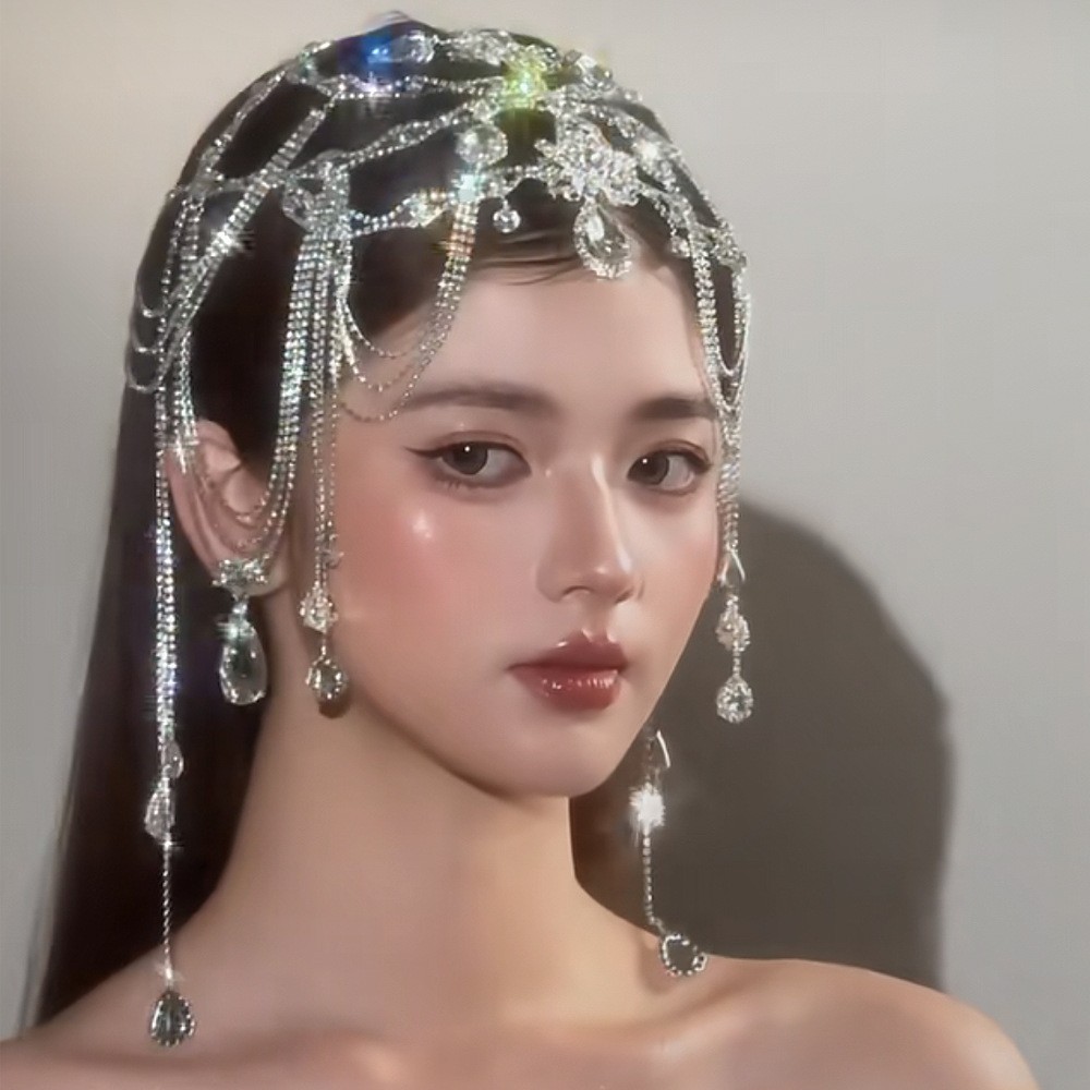 欧美轻奢时尚新娘婚纱配饰头饰婚礼宴会高级超闪满钻个性流苏发饰