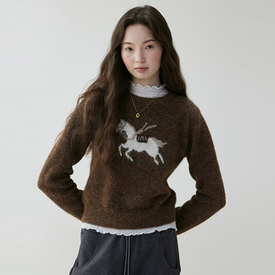 「芥末派VOOE」圆领小马提花羊毛毛衣女冬季新款慵懒针织套头上衣