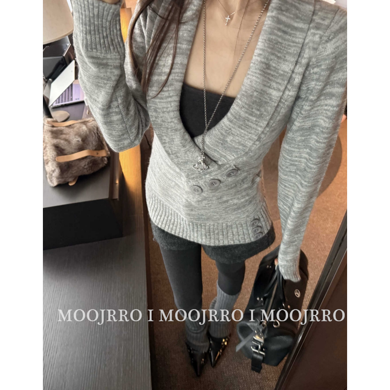灰色V领加厚毛衣女秋冬小个子修身收腰针织衫高级感低领内搭上衣
