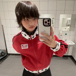 影子星球美式两条杠立领卫衣女星星印花拼接棒球服宽松开衫外套男