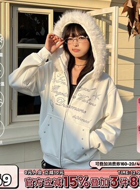 404MOB烫钻字母设计冬季大毛领加厚加绒外套女款短款连帽开衫卫衣