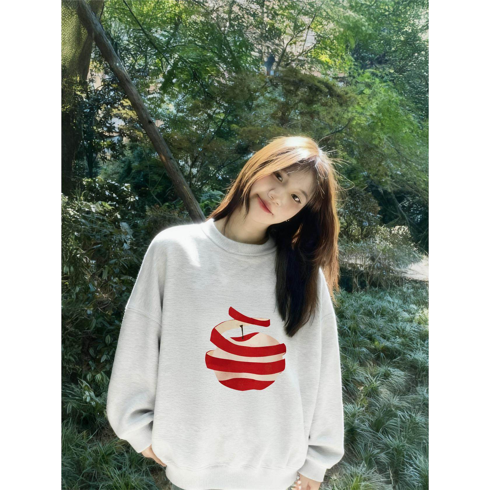 白灰色圆领卫衣女无帽2025新款爆款秋冬加绒加厚长袖早秋宽松上衣