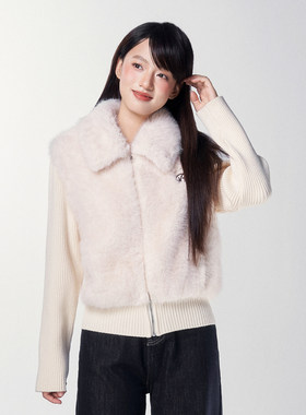 BUBBLELEY 秋冬毛毛针织拼接设计感外套保暖假两件马甲加厚上衣女