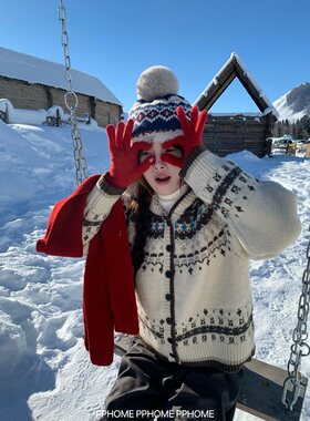 PPHOME自制~复古艺术生 重工加厚费尔岛毛衣冬季保暖连帽外套开衫