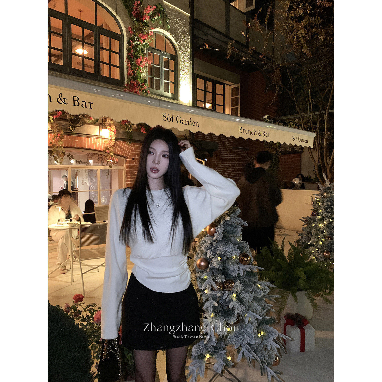 周章章 嘉顿斯 羊毛斜肩上衣春秋外穿设计感收腰套头露肩针织衫女