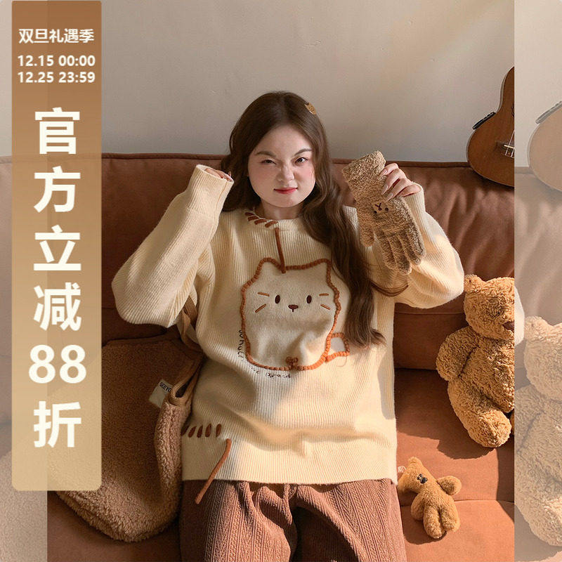 辣条大码女装设计感手工织带刺绣圆领胖mm套头宽松毛衣女2025新款