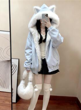 毛茸茸猫耳朵蓝色连帽双面穿棉服外套女独特高级感超好看夹克上衣