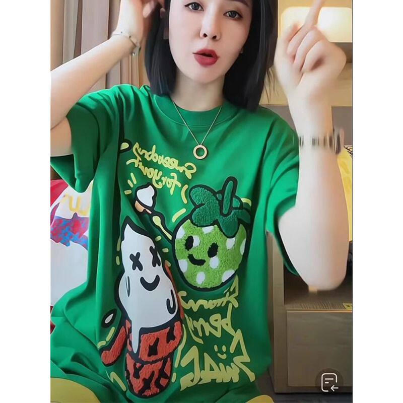 美式潮牌绿色短袖纯棉t恤女2025新款夏季中长款南瓜绣花体恤上衣