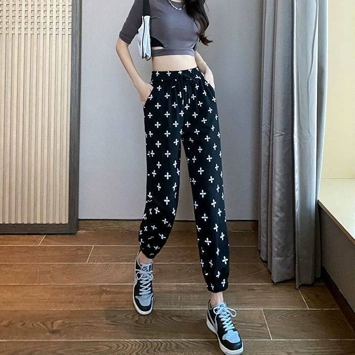 棋盘格冰丝裤子女夏季薄款雪纺格子裤宽松束脚显瘦高腰抖抖凉凉裤