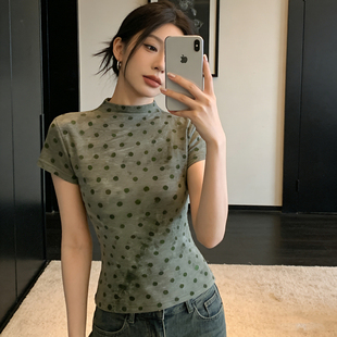 胖mm时尚 显瘦辣妹打底衫 设计感波点短袖 新款 上衣潮 T恤女夏季 大码