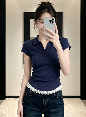 大码Polo领正肩气质短袖t恤女2026夏季新款设计感显瘦辣妹风上衣