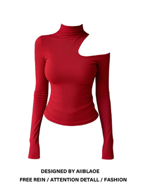 大码胖mm时尚高领针织红色T恤女秋冬显瘦气质露肩收腰打底衫上衣