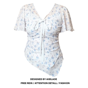 新款 大码 女夏季 衬衫 显瘦气质上衣 胖妹妹纯欲碎花蕾丝系带V领短袖