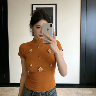 立体花朵珠片设计气质短袖 大码 辣妹上衣夏季 正肩短款 T恤 胖mm修身