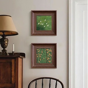 法式复古客厅绿色飞鸟风景桌面摆台装饰画中古风植物餐厅组合挂画